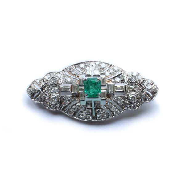 Antique Art Deco Garrard & Co. Ltd Platinum, Emerald & Diamond Brooch
