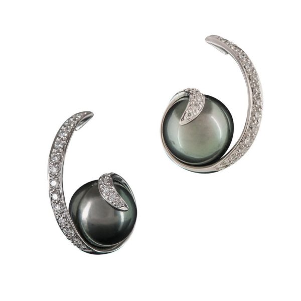 Mikimoto 18ct White Gold Dark Grey Pearl & Diamond Earrings