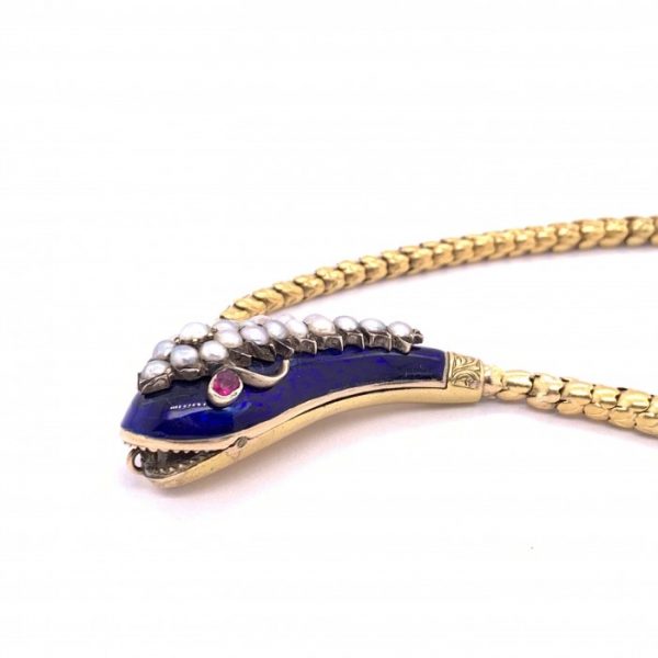 Antique Victorian Blue Enamel Gold Snake Necklace