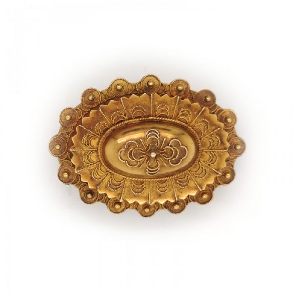 Antique Victorian Etruscan Gold Brooch and Earrings Suite; each with central dome and decorated with Etruscan style wire work, in 15ct yellow gold, Circa 1875