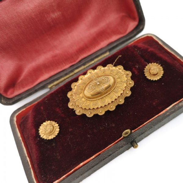 Antique Victorian Etruscan Style Gold Brooch and Earrings Suite, Circa 1875