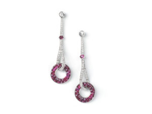 Ruby diamond long drop earrings platinum open circle calibre cut