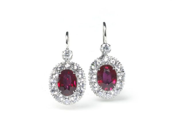 Ruby Earrings Platinum, Ruby and Round Brilliant Cut Diamond Cluster Earrings Luxury Gift jewellery