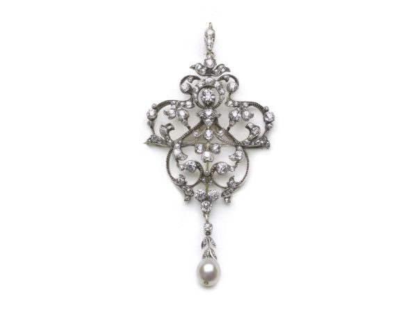 Antique Edwardian Diamond & Pearl Brooch Pendant With Hair Comb