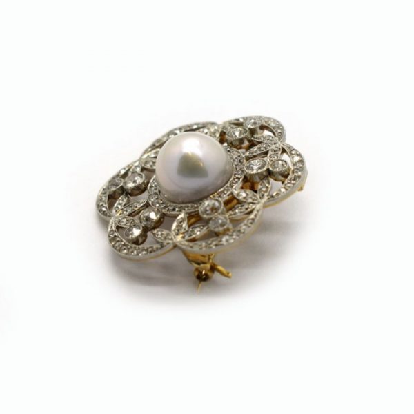 Edwardian Pearl and Diamond Platinum on Gold Brooch