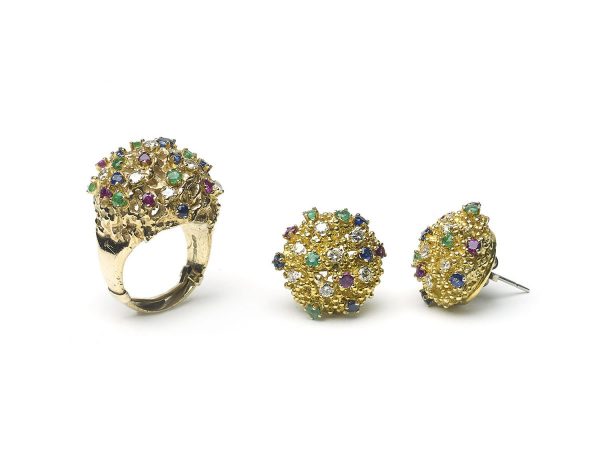 Vintage Ruby Sapphire Emerald Diamond Earrings & Ring Suite