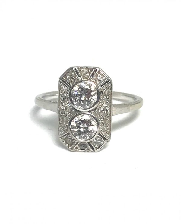 Art Deco diamond ring, engagement ring panel old cut diamond Platinum