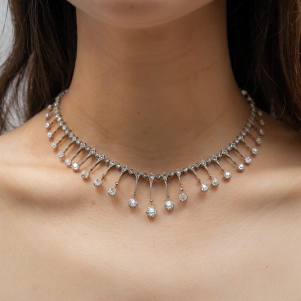 Fine diamond necklace old cut diamonds French antique-diamond-fringe-necklace