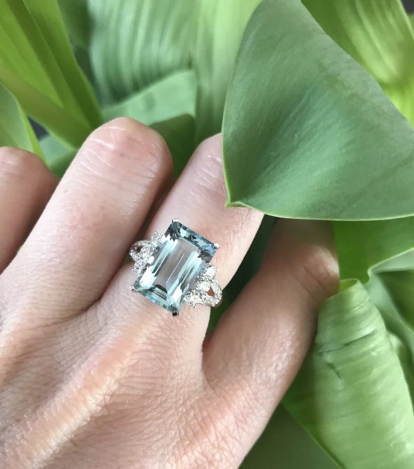 Aqua and diamond ring step emerald cut blue