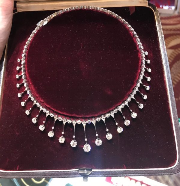 Antique diamond necklace boxed old cut diamond Fringe French silver and gold
