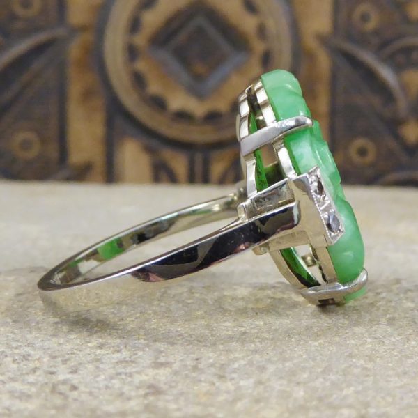 Antique Art Deco Carved Jade & Diamond Ring