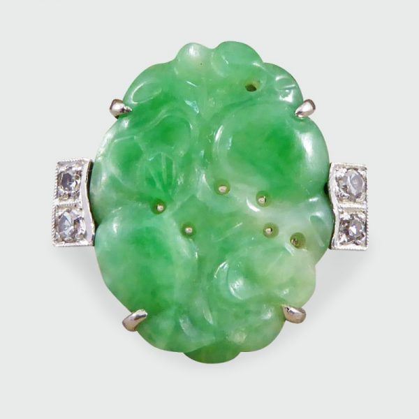 Antique Art Deco Carved Jade & Diamond Ring