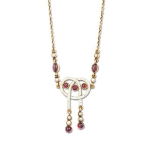 Antique Art Nouveau Cabochon Garnet, Pearl & Enamel Necklace