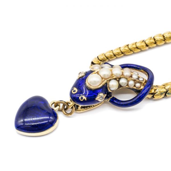 Antique Victorian Blue Enamel Snake Necklace