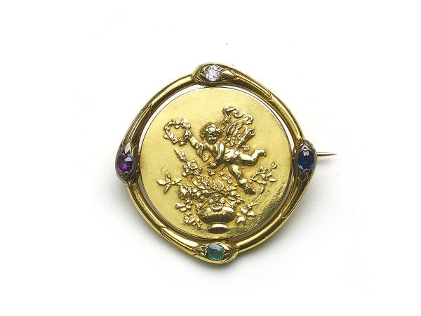 Antique Victorian French Gold Spinning Cherub Brooch
