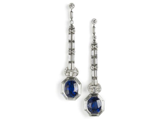 A pair of sapphire and diamond drop earrings, set with old-cut and baguette-cut diamond long drops fine jewellery