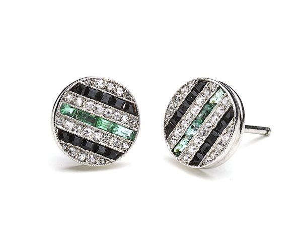 Antique Art Deco Diamond Black Onyx & Emerald Stud Earrings