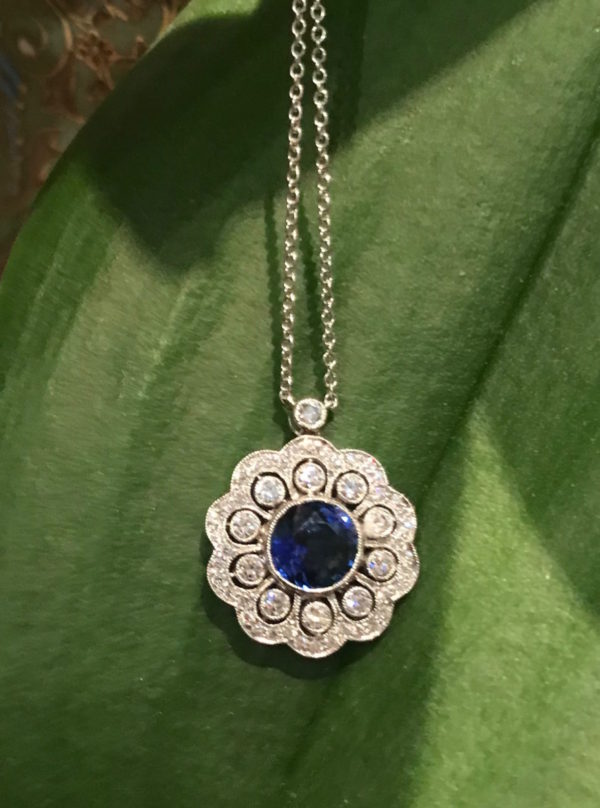 Open sapphire and diamond pendant and chain fine jewellery