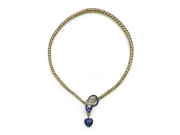 Antique Victorian Blue Enamel Natural Half Pearl & Diamond Snake Necklace Snake jewellery