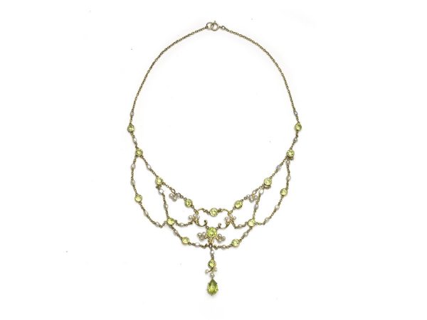 Antique Edwardian Peridot & Pearl Swag Necklace