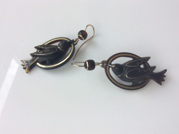 Rare Antique Victorian Tortoiseshell Gold Inlay Pique Earrings