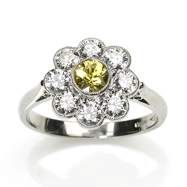 Edwardian Style Yellow Sapphire & Diamond Cluster Ring