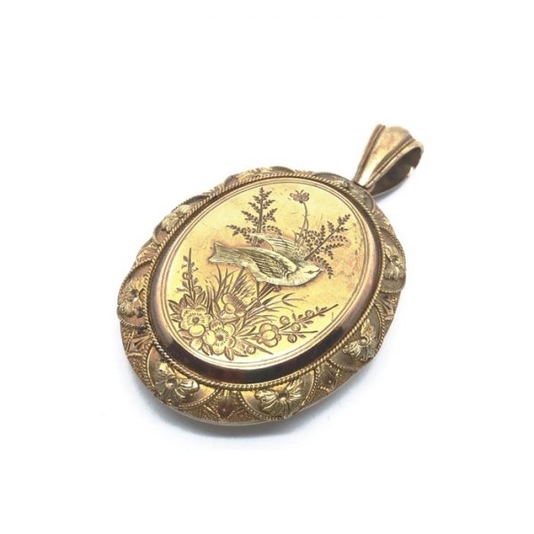 Antique Victorian Gold Locket, with Bird & Plants