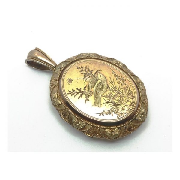 Antique Victorian Gold Locket, with Bird & Plants