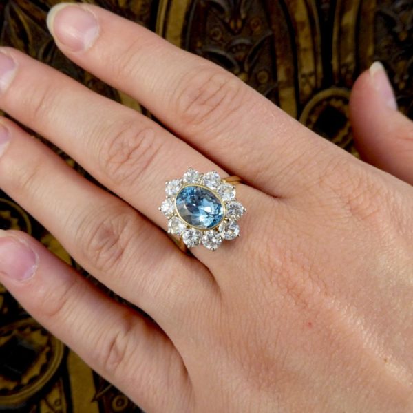 Vintage Aquamarine & Diamond Cluster Ring