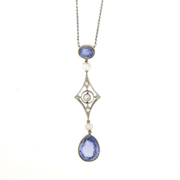 Antique Edwardian platinum diamond sapphire pearl drop pendant necklace