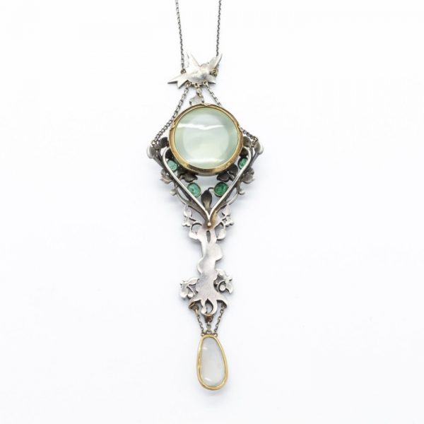 Antique Art Nouveau Moonstone, Emerald & Marcasite Pendant