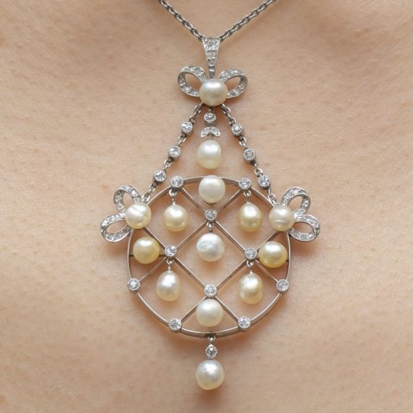 On Model pendant Antique Belle Epoque Diamond & Natural Pearl Pendant