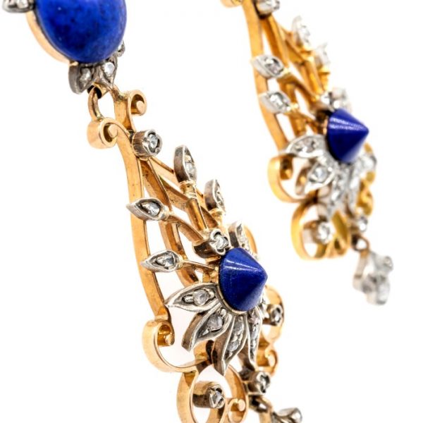 Antique Victorian Lapis Lazuli & Diamond Filigree Drop Earrings