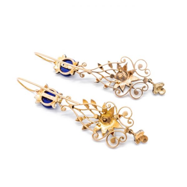 Antique Victorian Lapis Lazuli & Diamond Filigree Drop Earrings