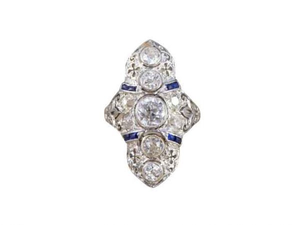 Antique Art Deco Plaque Style Diamond Sapphire Ring