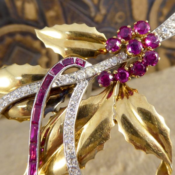 Vintage Ruby & Diamond Floral Earring & Pin Set
