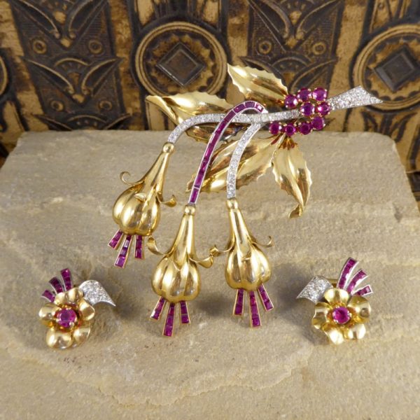 Vintage Ruby & Diamond Floral Earring & Pin Set