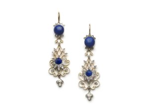 Antique Victorian Lapis Lazuli & Diamond Filigree Drop Earrings