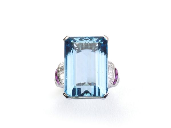 Vintage Aquamarine, Diamond & Ruby Ring