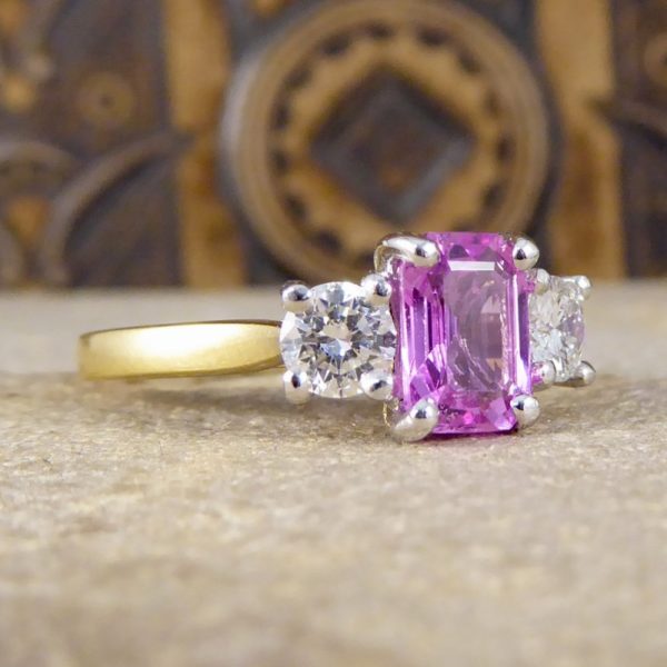 Pink Sapphire & Diamond Three Stone Ring