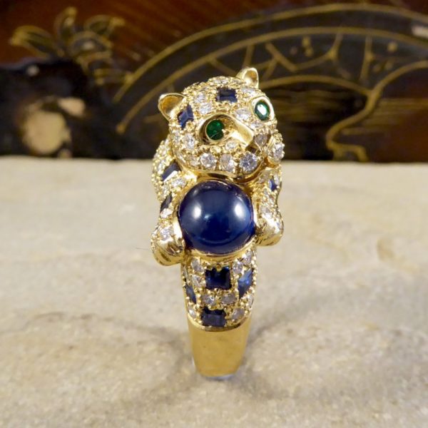 Sapphire Diamond & Emerald Set Feline Ring