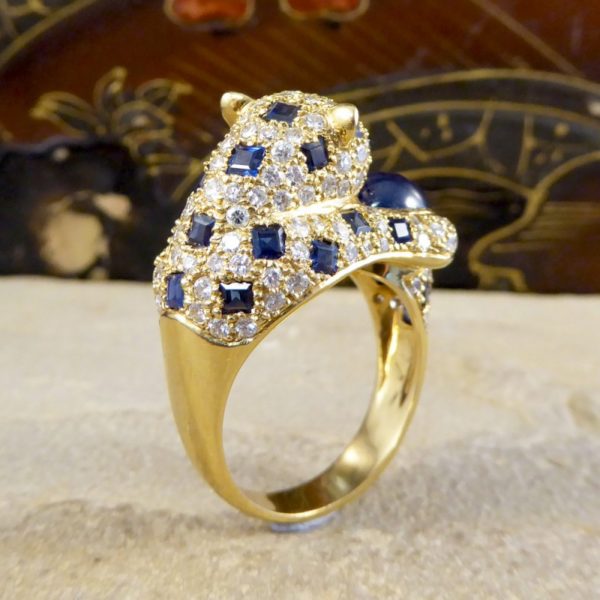 Sapphire Diamond & Emerald Set Feline Ring