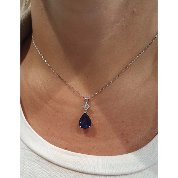 4.82ct Pear Cut Sapphire and Diamond Pendant Necklace