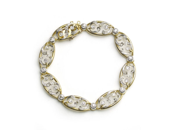 Antique French Art Nouveau Diamond & Gold Mistletoe Bracelet