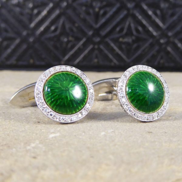 Green Enamel & Diamond Halo Cufflinks