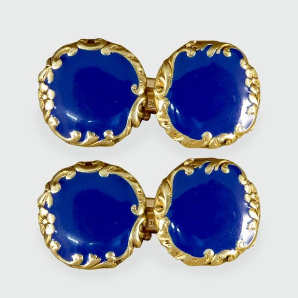 Fine Antique Victorian Blue Enamel 18ct Yellow Gold Cufflinks