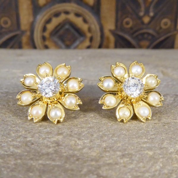 Antique Edwardian Diamond & Pearl Flower Earrings