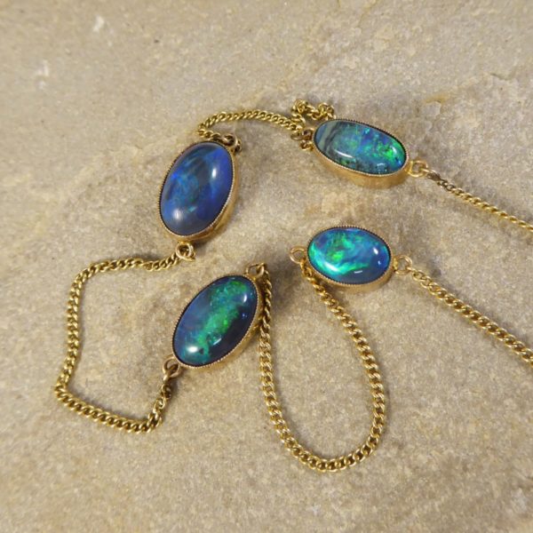 Antique Edwardian Long Gold Black Opal Necklace