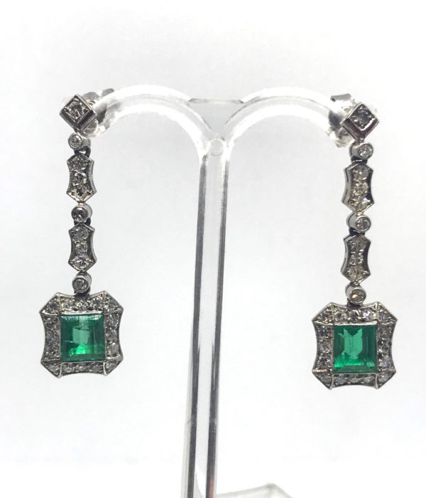Antique Art Deco Emerald & Diamond Drop Earrings