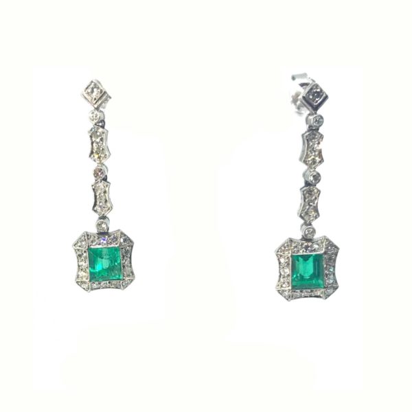 Antique Art Deco Emerald & Diamond Drop Earrings